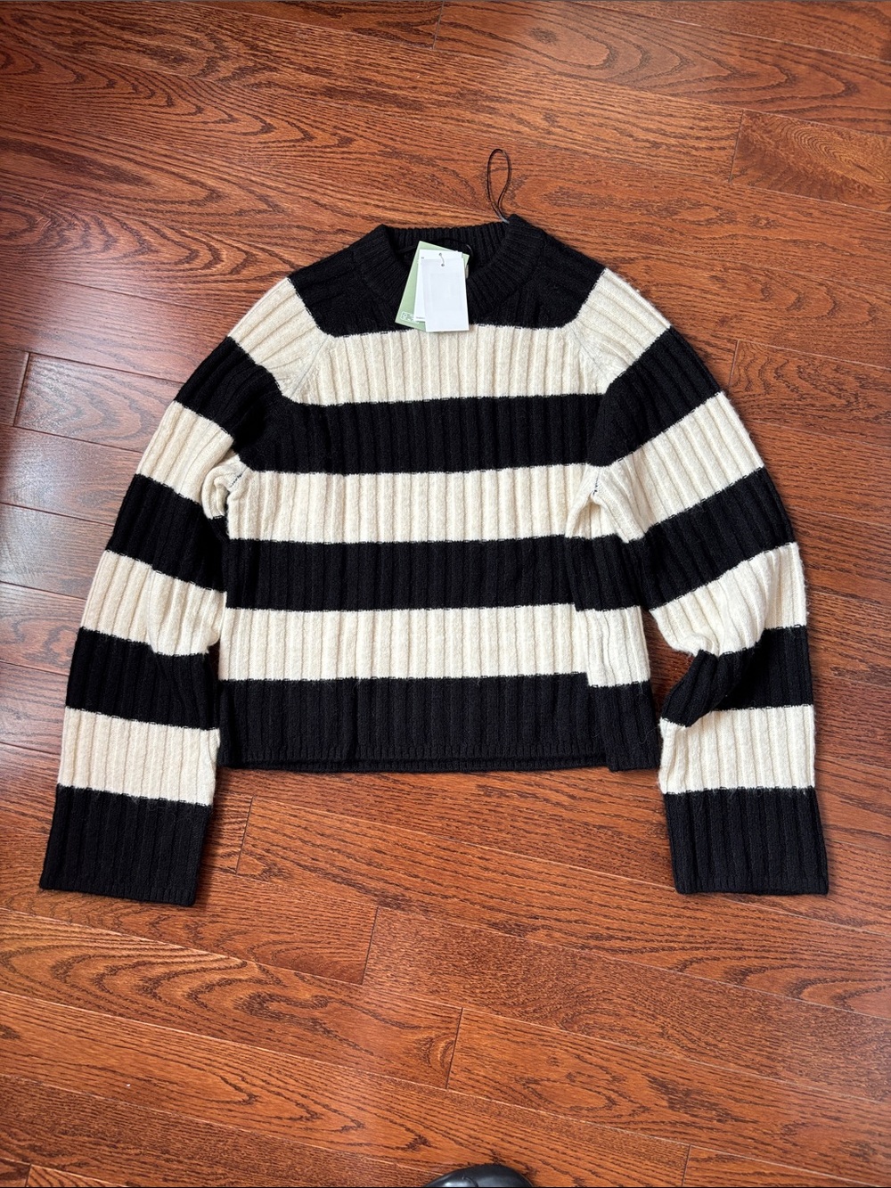 H&M Black & Cream Striped Ribbed Crewneck Sweater